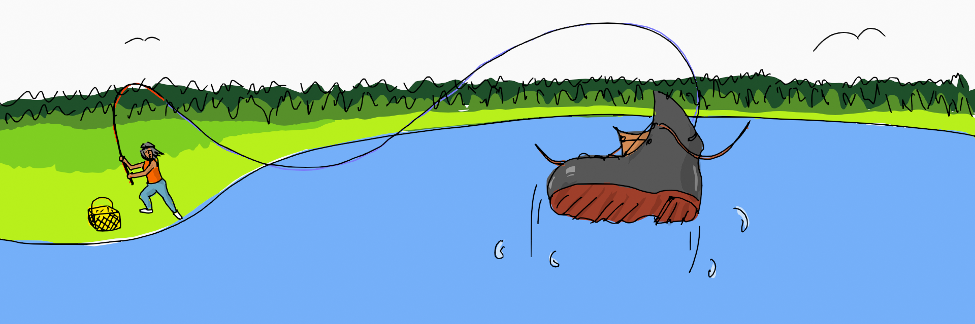A woman fishes a boot out of a lake
