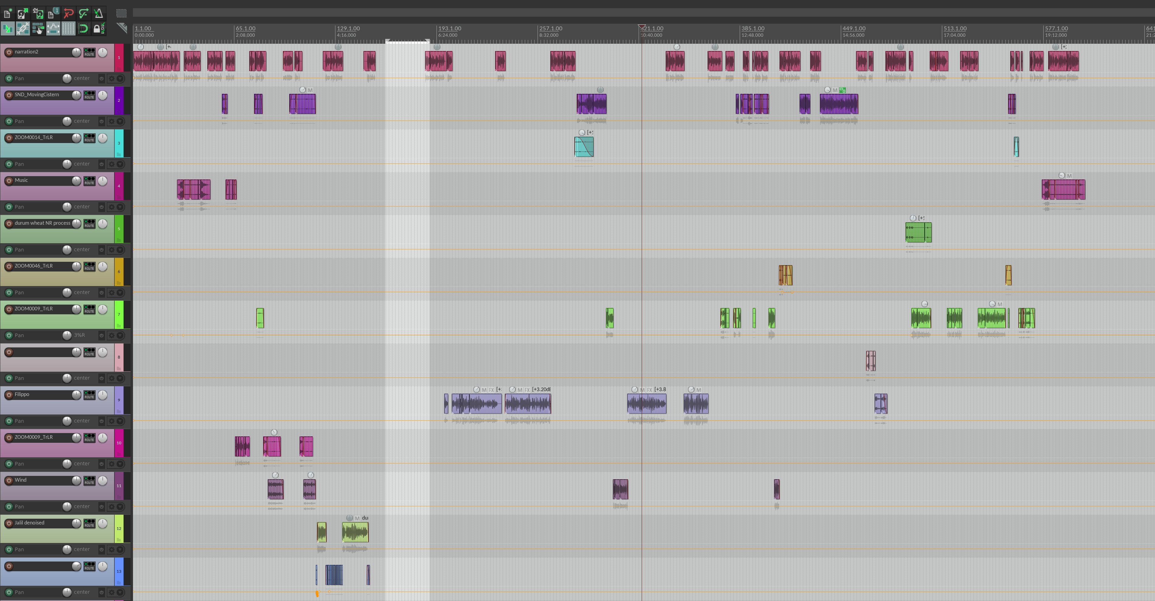 A screenshot of a DAW with at least ten tracks and close to a hundred different clips.